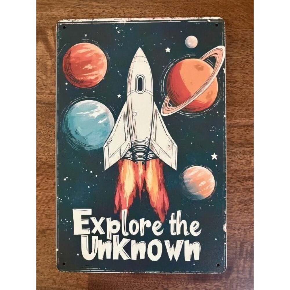 "Explore The Unknown" Outer Space Rocket Vintage Style Metal Sign 12x8 – Sci-Fi